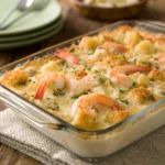 Creamy baked seafood casserole with shrimp, crab, and melted cheese