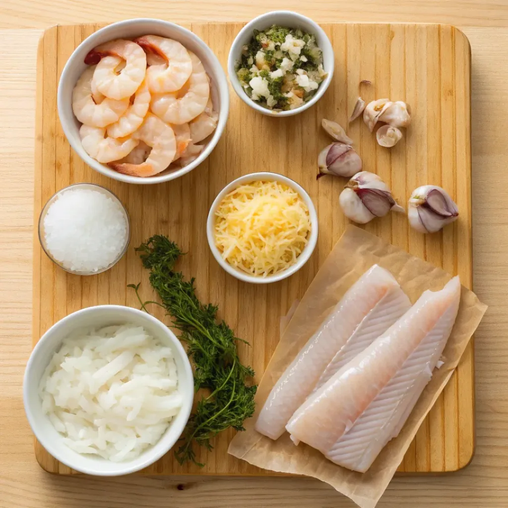 Classic Seafood Casserole for Family Dinner 6 Flat lay of shrimp, fish, crab, cream, and cheese for seafood casserole