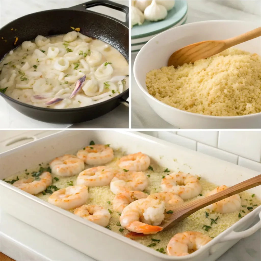 Classic Seafood Casserole for Family Dinner 7 Step-by-step collage showing preparation of seafood casserole