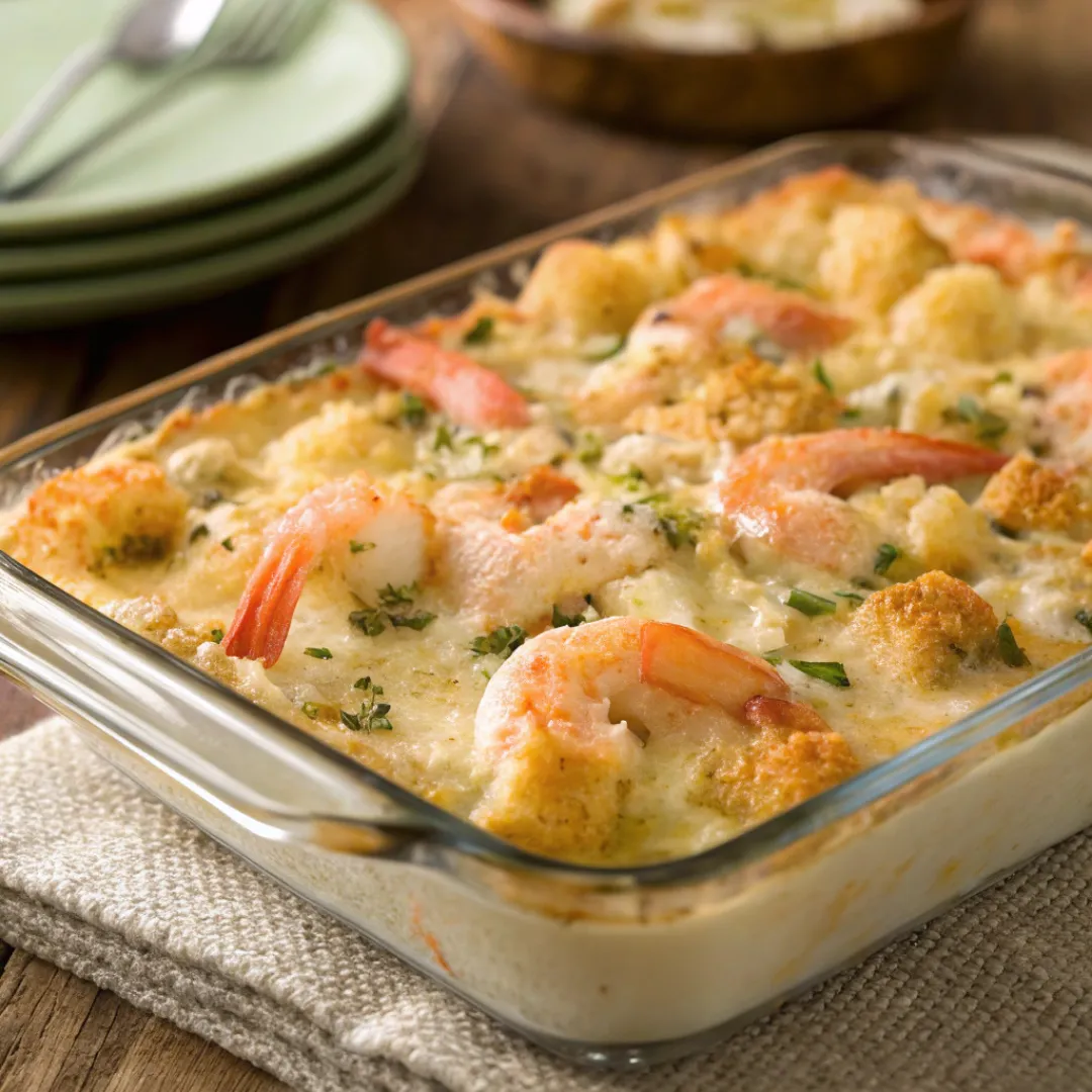 Creamy baked seafood casserole with shrimp, crab, and melted cheese