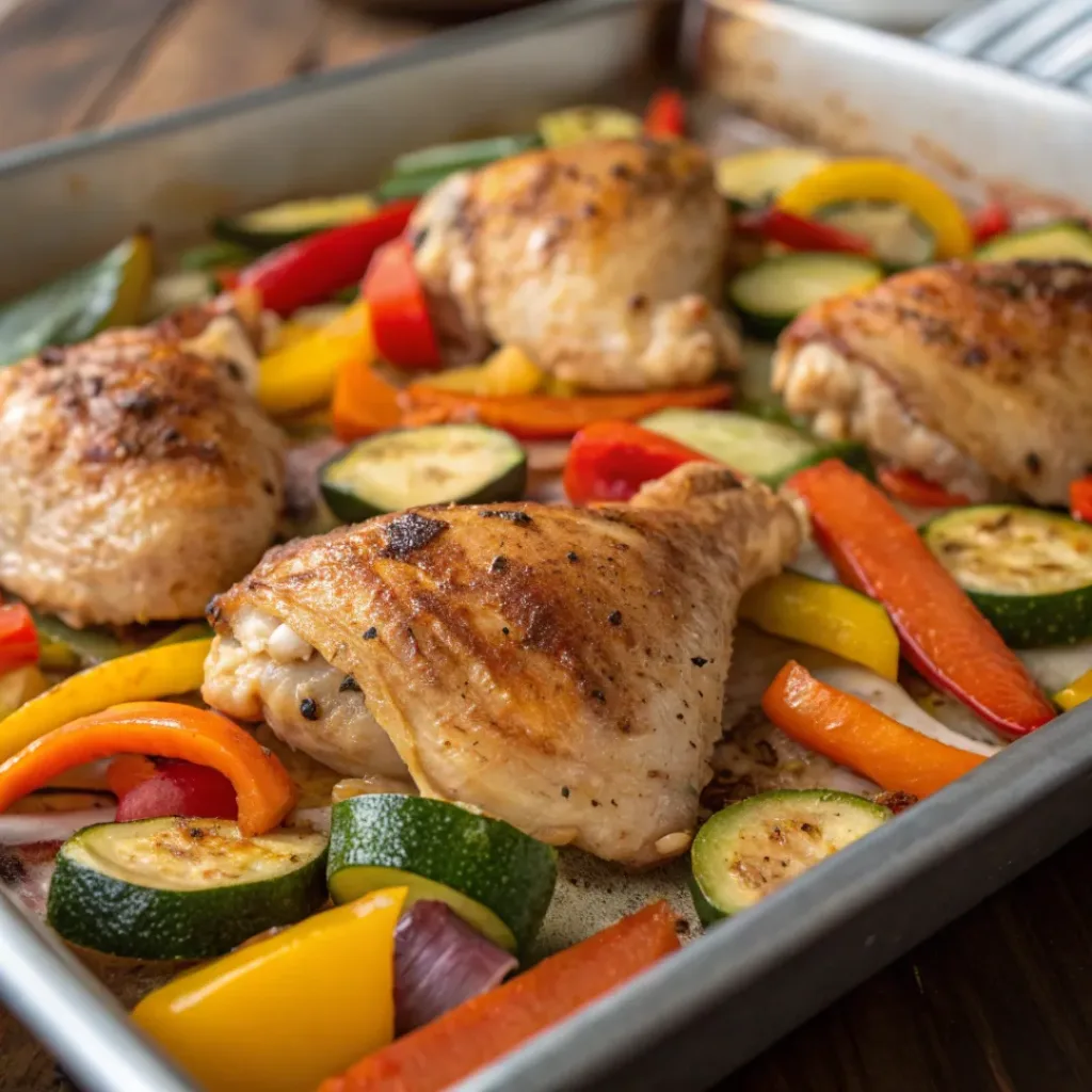 Roasted chicken thighs with colorful vegetables on a sheet pan
