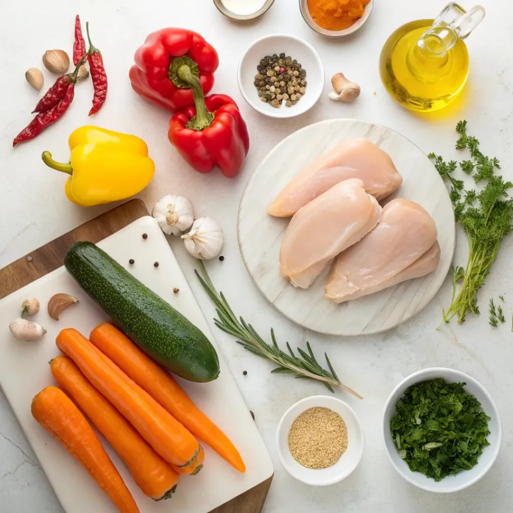 Flat lay of chicken, bell peppers, carrots, zucchini, olive oil, and seasonings