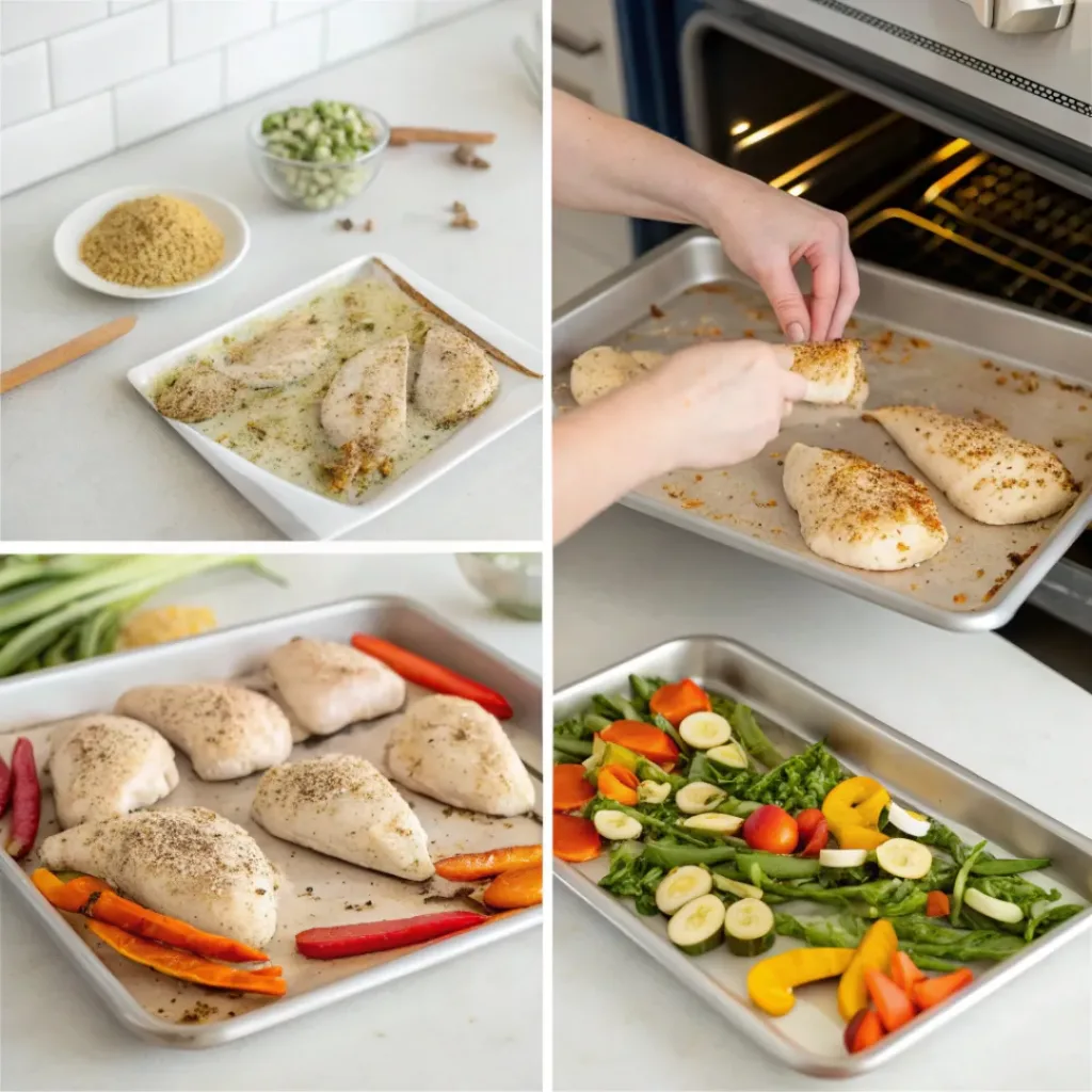 Collage showing steps to make Sheet Pan Chicken and Veggies