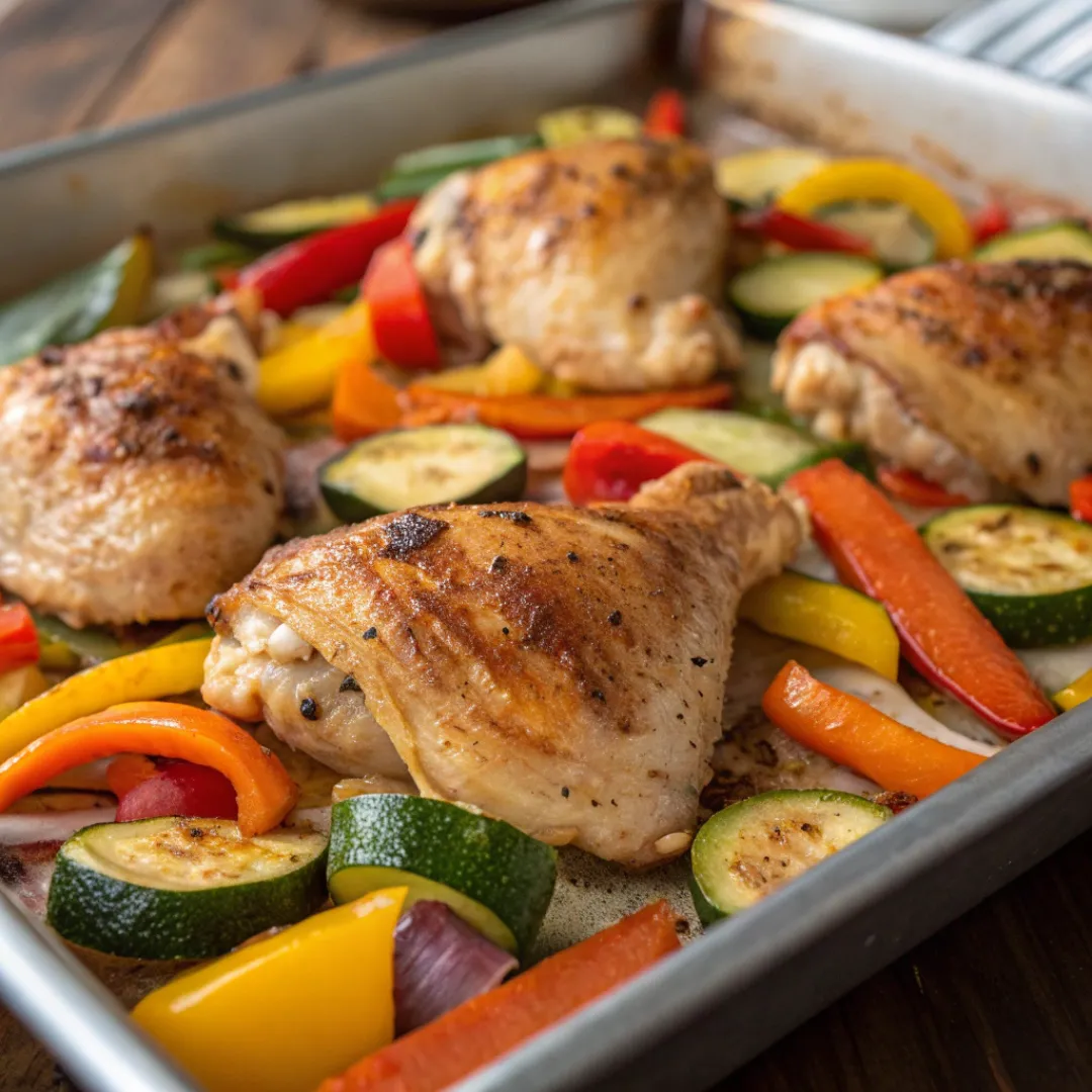Roasted chicken thighs with colorful vegetables on a sheet pan