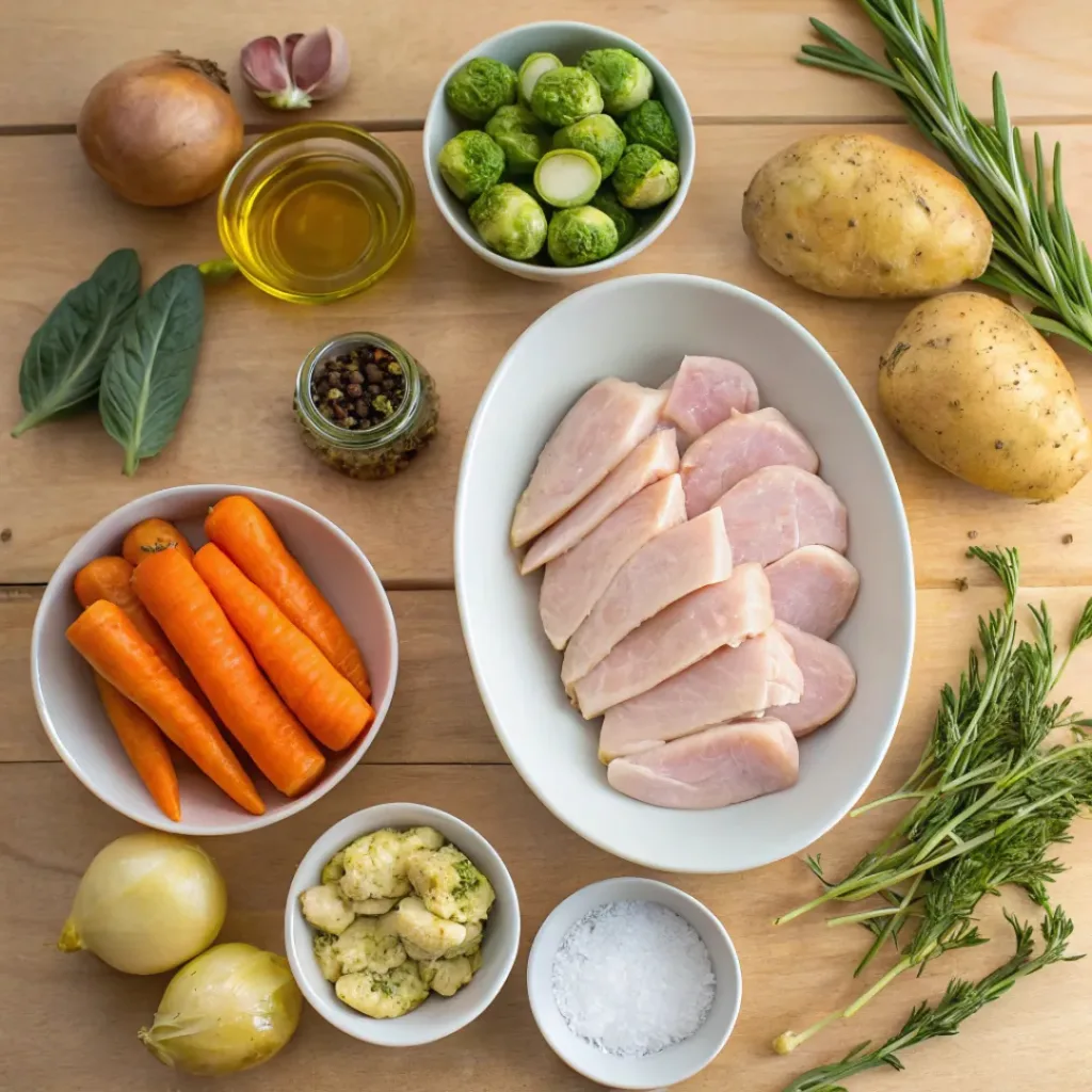 Quick Sheet Pan Turkey Dinner with Vegetables 6 Flat lay of turkey, vegetables, and herbs for sheet pan dinner