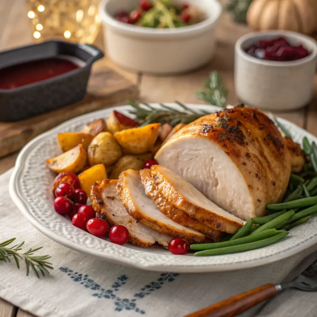 Quick Sheet Pan Turkey Dinner with Vegetables 8 Plate of roasted turkey with vegetables, served with gravy