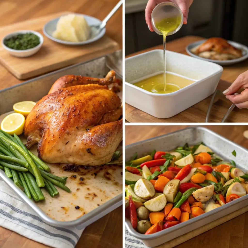 Quick Sheet Pan Turkey Dinner with Vegetables 7 Step-by-step collage showing preparation of sheet pan turkey dinner