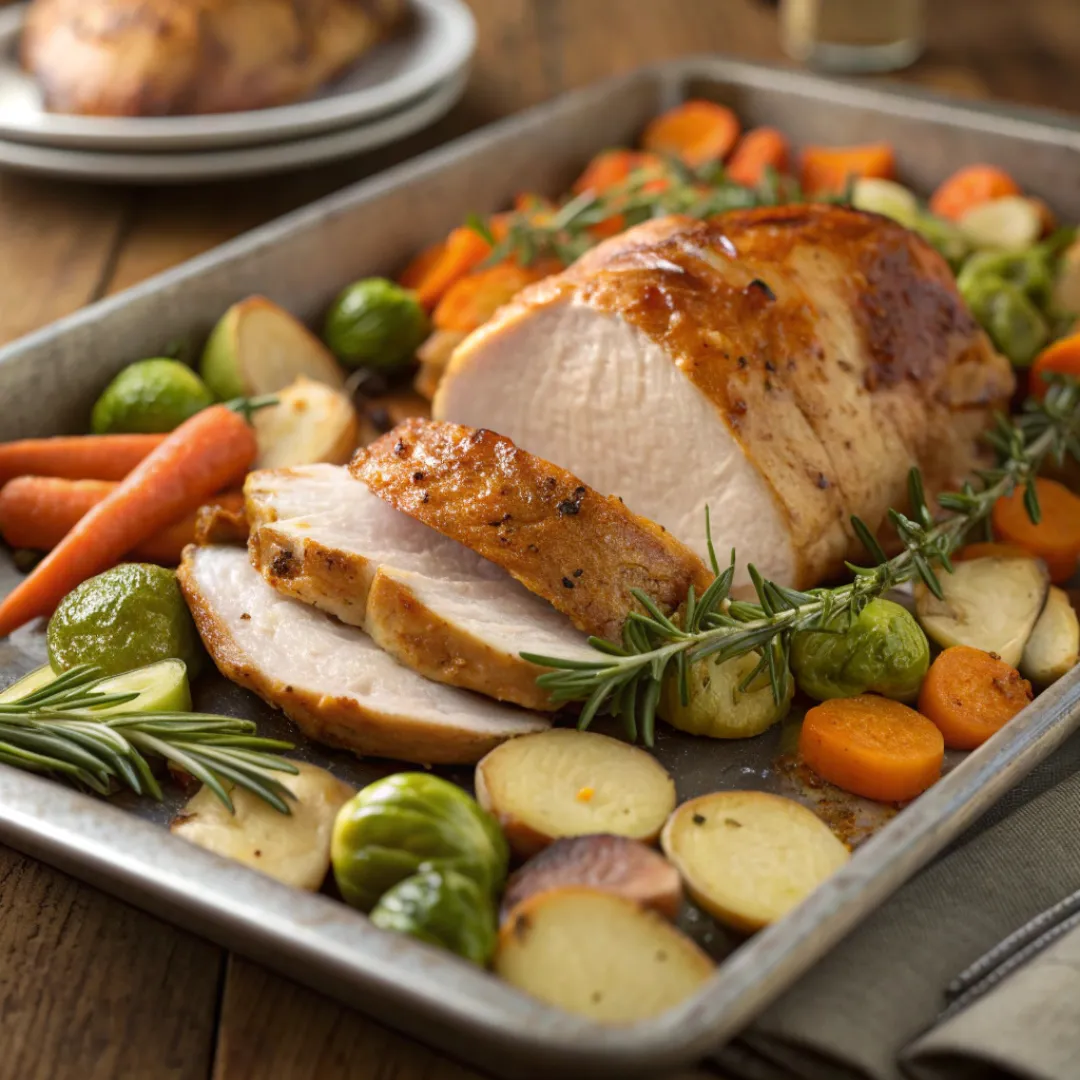 Roasted turkey with vegetables on a sheet pan