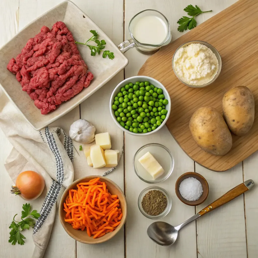 Classic Shepherd’s Pie 6 Flat lay of shepherd’s pie ingredients including ground beef, potatoes, and vegetables