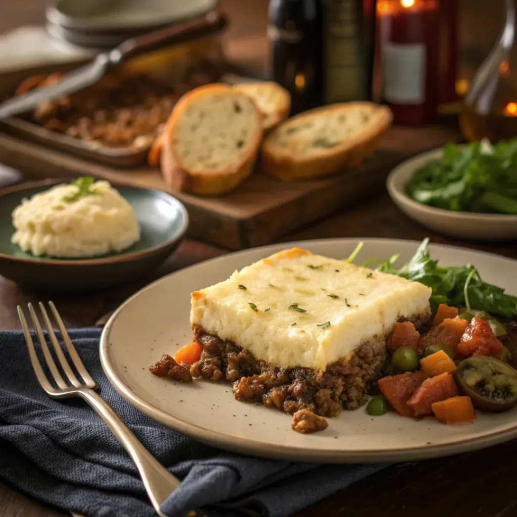 Classic Shepherd’s Pie 8 A serving of shepherd’s pie with mashed potato topping and peas on a dinner plate
