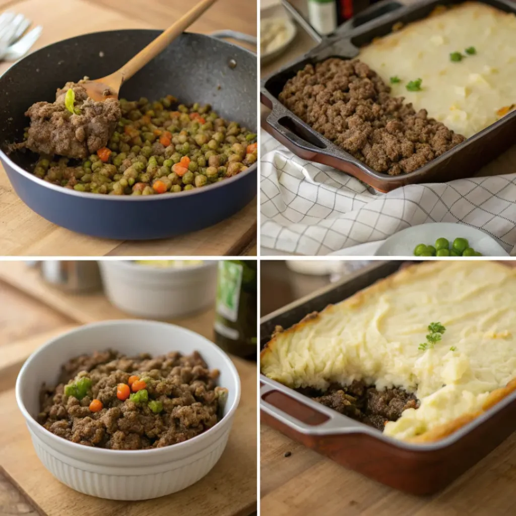 Classic Shepherd’s Pie 7 Step-by-step collage showing how to make shepherd’s pie from filling to baking