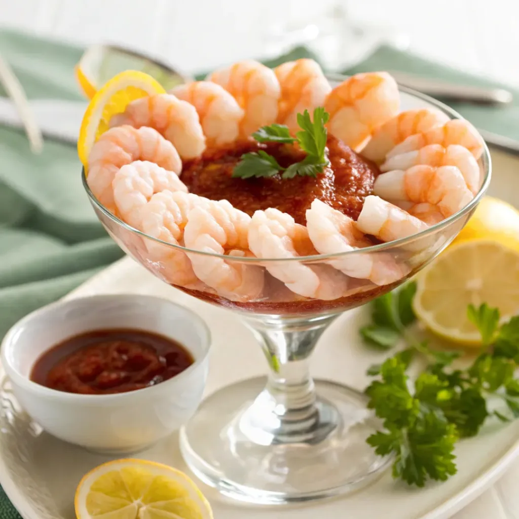 Shrimp Cocktail with cocktail sauce and lemon wedges