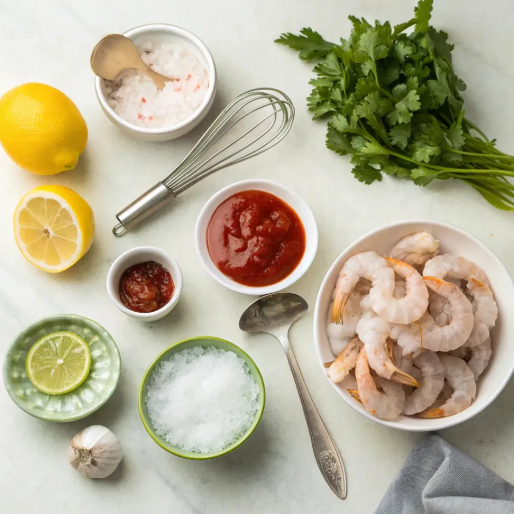 Shrimp Cocktail Recipe – Fresh & Zesty Appetizer 6 Flat lay of ingredients for Shrimp Cocktail