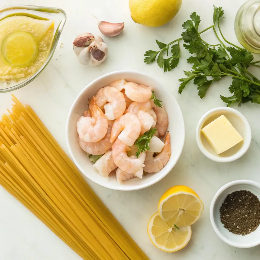 Flat lay of shrimp, linguine, garlic, butter, lemon, and parsley