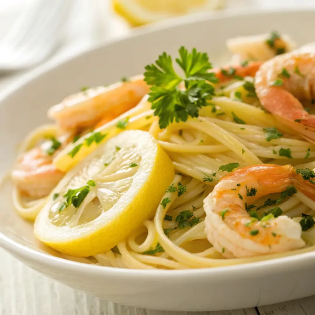 Shrimp Scampi Linguine served with lemon wedges and parsley
