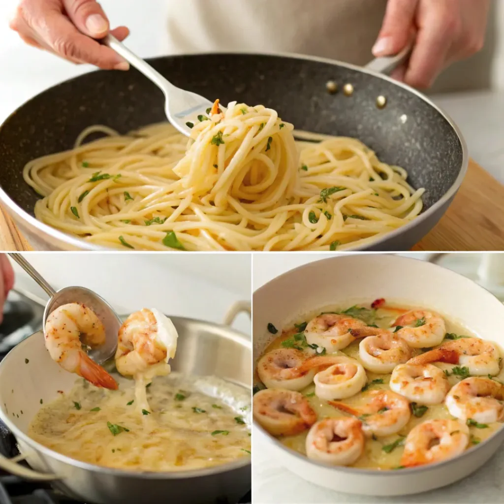 Collage showing steps to make Shrimp Scampi Linguine