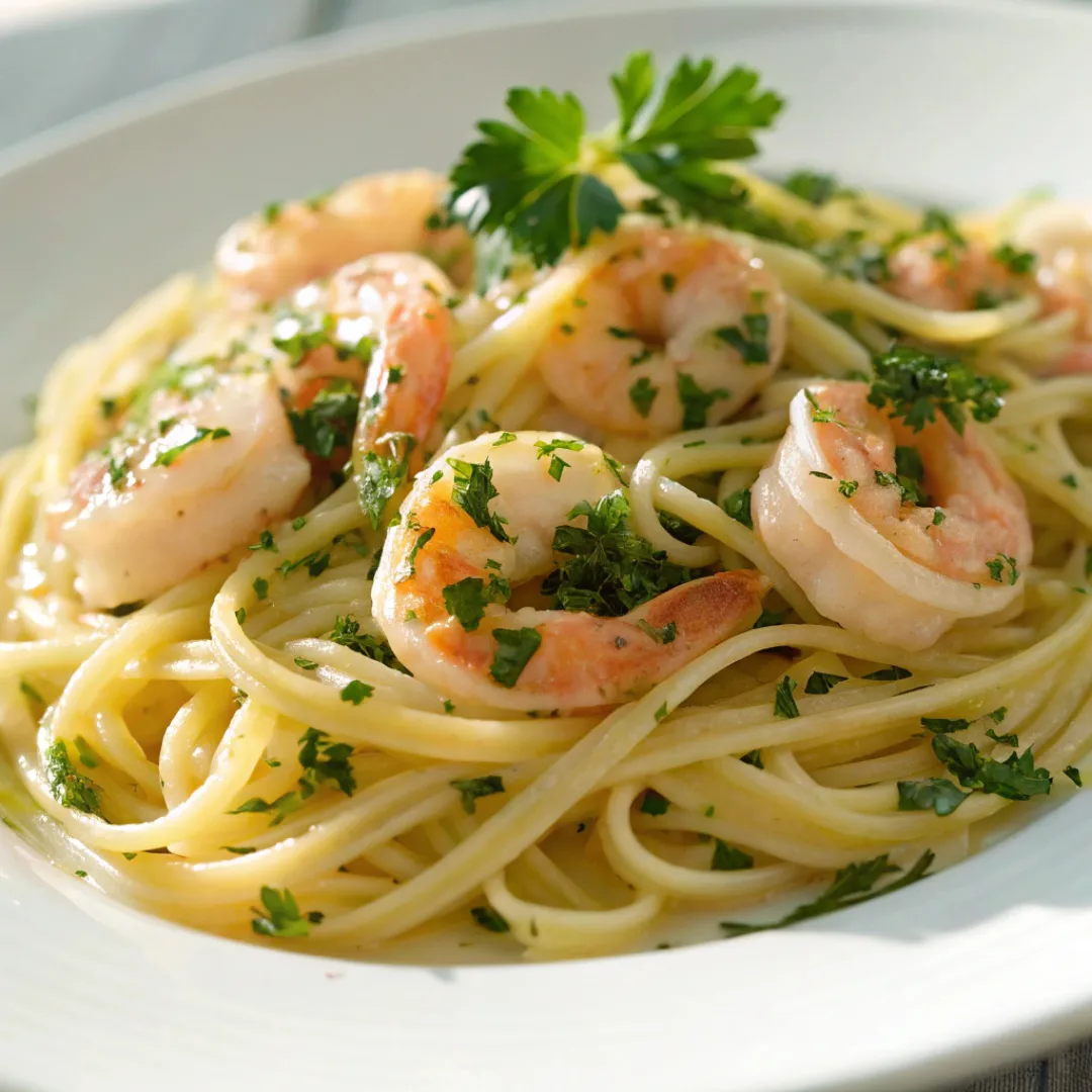 Plate of Shrimp Scampi Linguine with parsley garnish