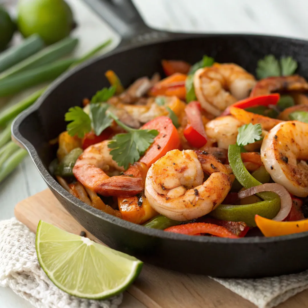 Skillet of shrimp with colorful peppers and onions