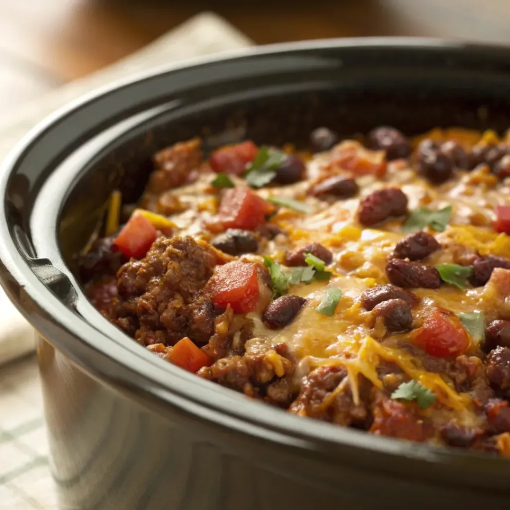 Crock pot filled with cheesy Taco Casserole