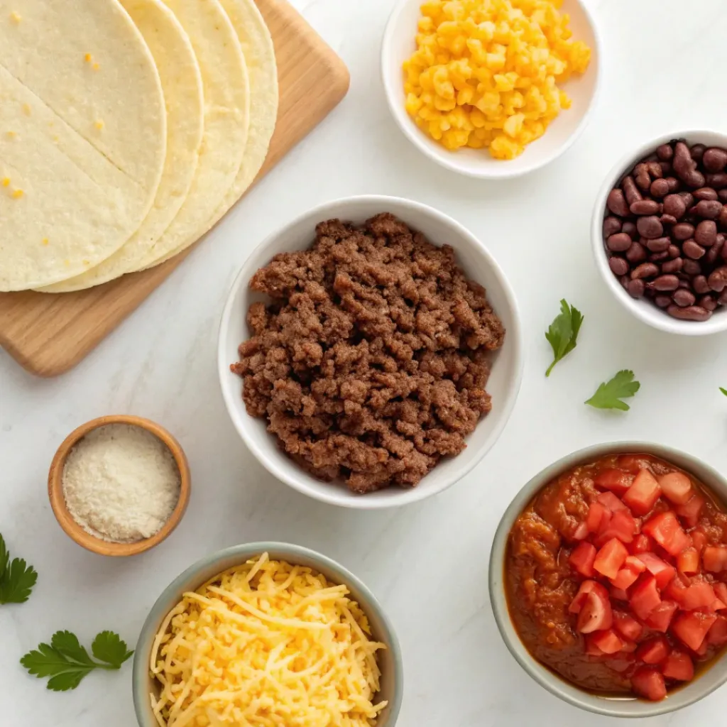 Flat lay of ground beef, beans, tortillas, cheese, and taco seasonings