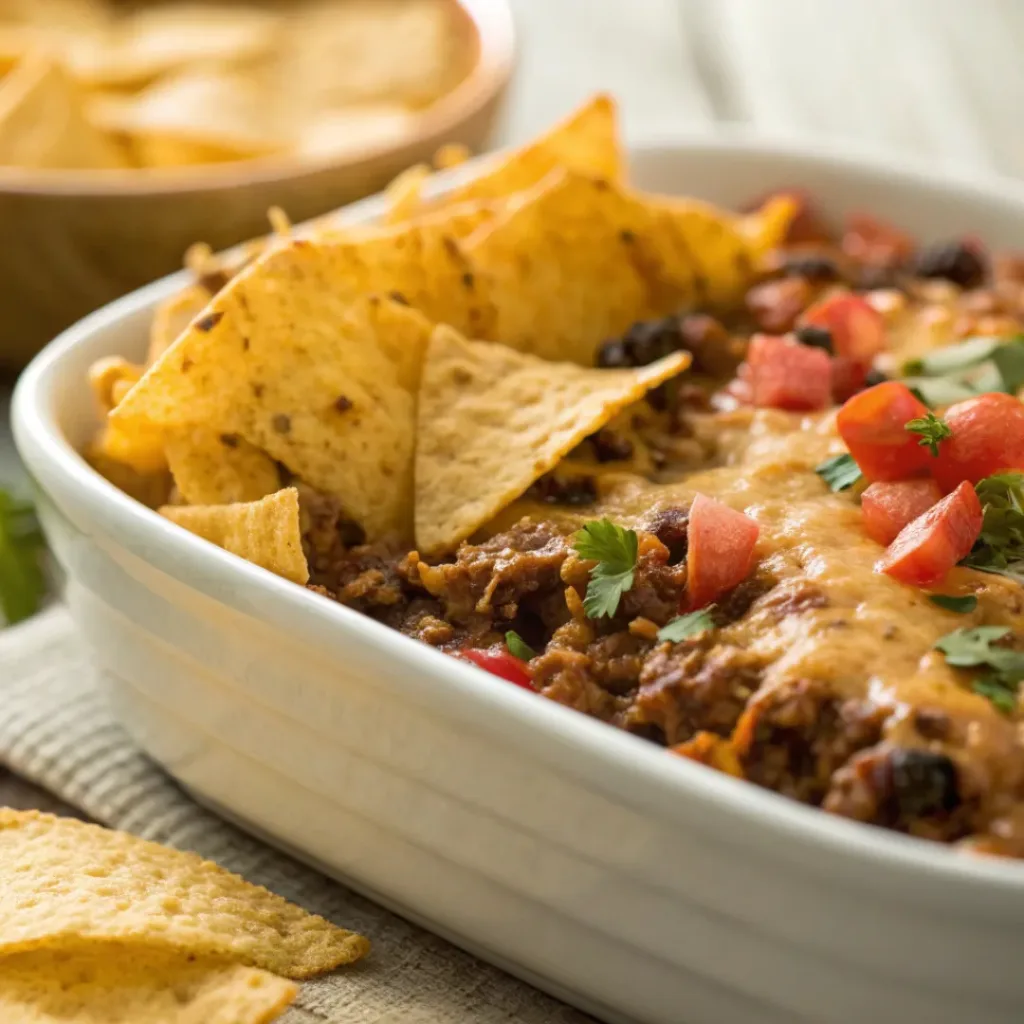 Taco Casserole served with tortilla chips and salsa