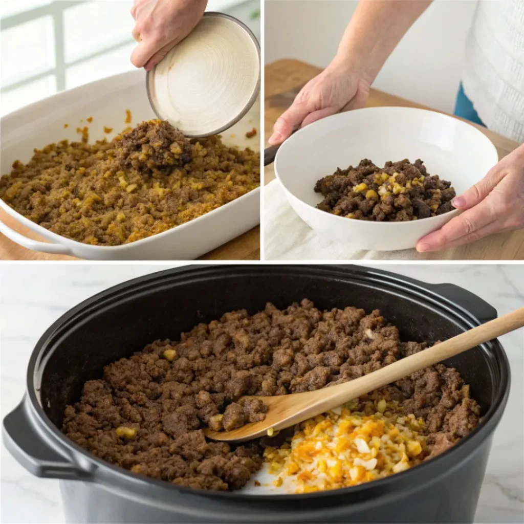 Collage showing steps to make Slow Cooker Taco Casserole