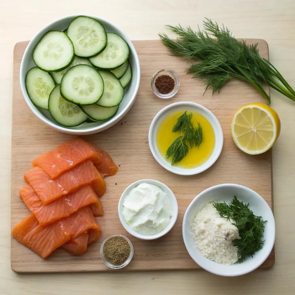 Smoked Salmon Cucumber Bites 6 Flat lay of cucumber, smoked salmon, cream cheese, and dill for appetizers