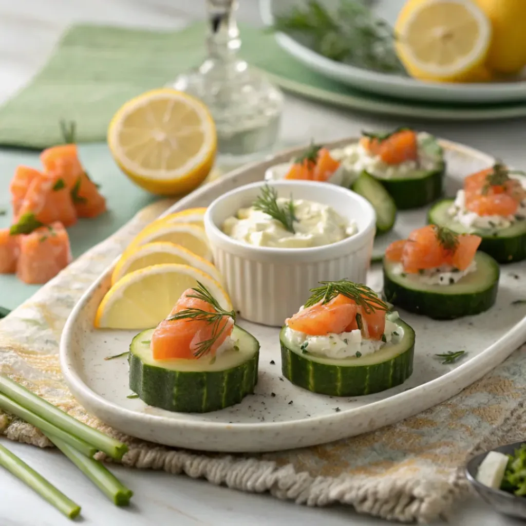 Smoked Salmon Cucumber Bites 8 Platter of smoked salmon cucumber bites with lemon wedges and sauce