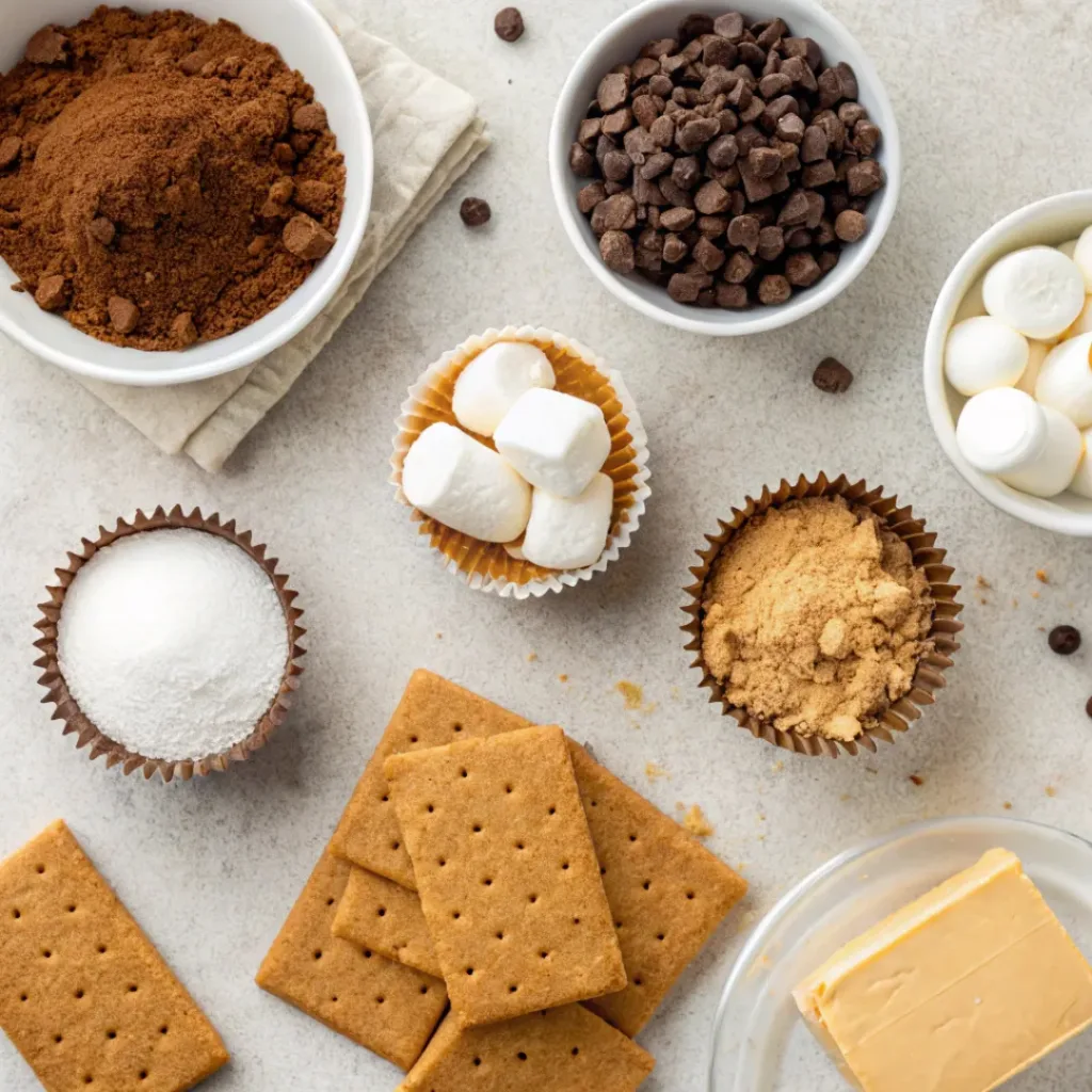 Flat lay of graham crumbs, chocolate batter, marshmallows, and cupcake ingredients