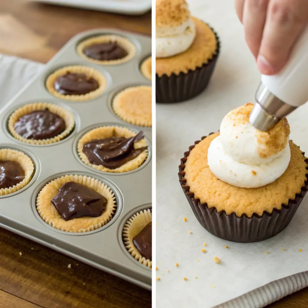 Step-by-step collage showing preparation of s’mores cupcakes
