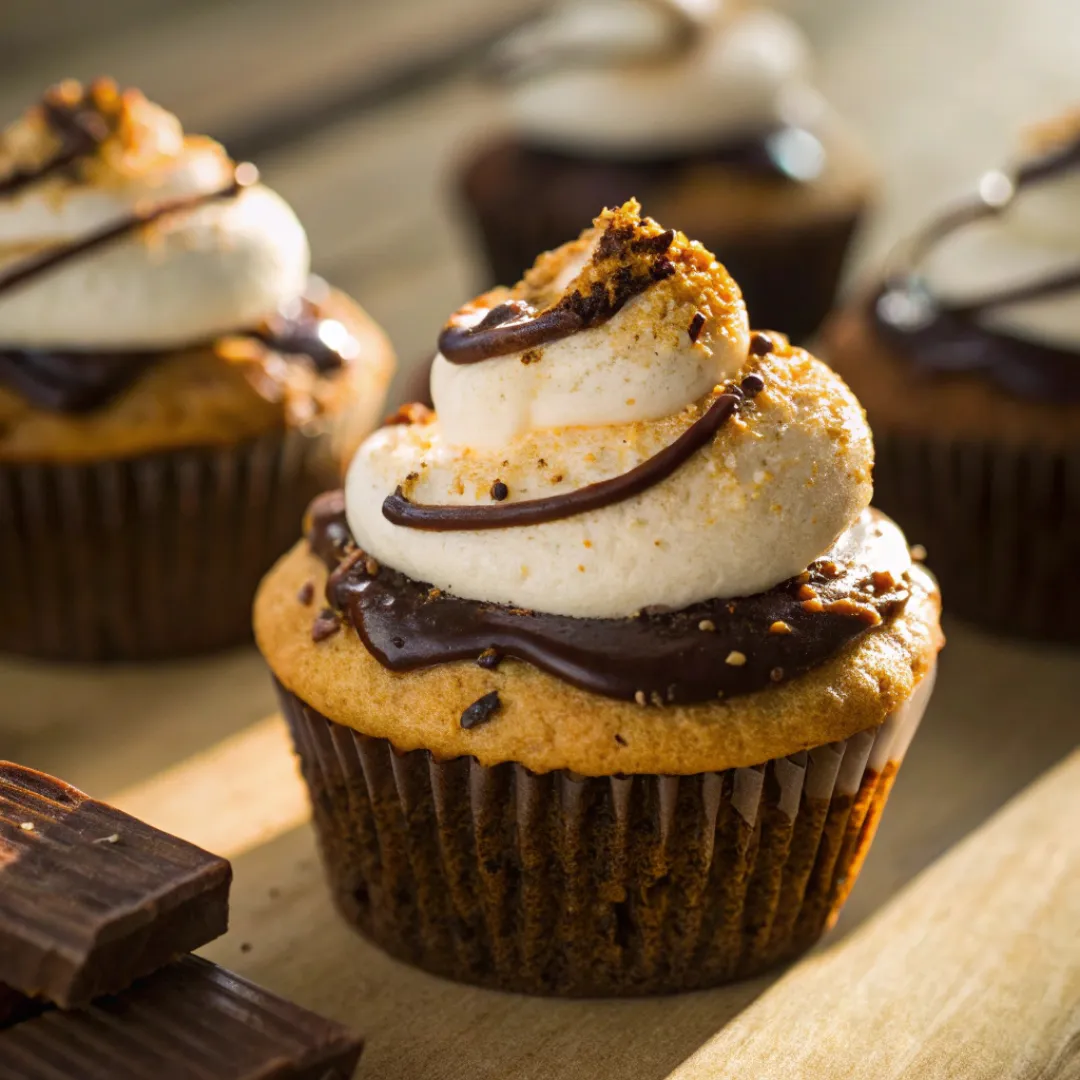 Chocolate s’mores cupcakes with toasted marshmallow frosting