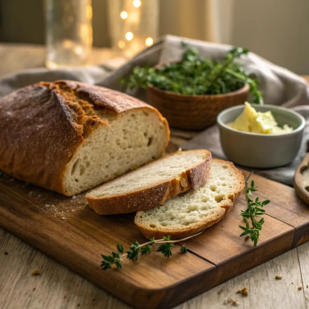 Sliced sourdough bread served with butter and herbs