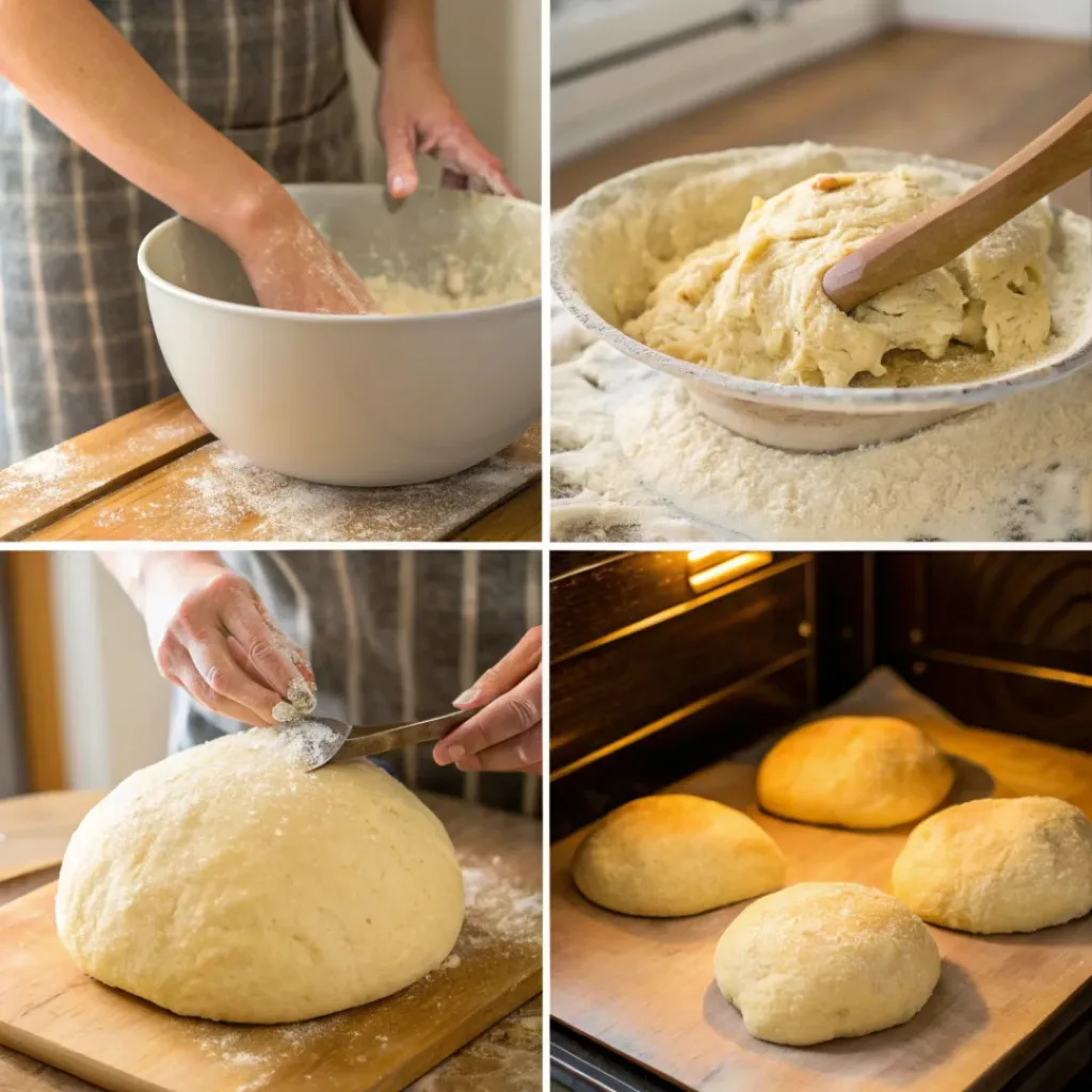 Step-by-step collage showing sourdough bread preparation
