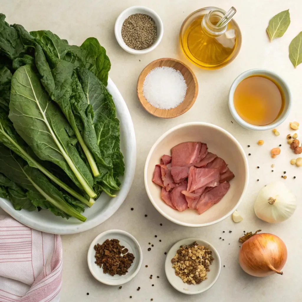 Flat lay of ingredients for Southern Collard Greens including fresh collard greens, smoked meat, onion, garlic, and seasonings