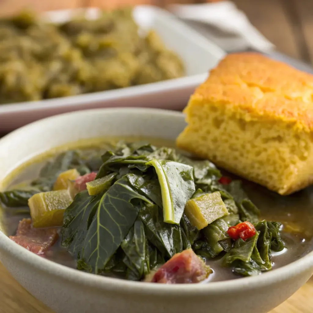 Bowl of Southern Collard Greens served with cornbread