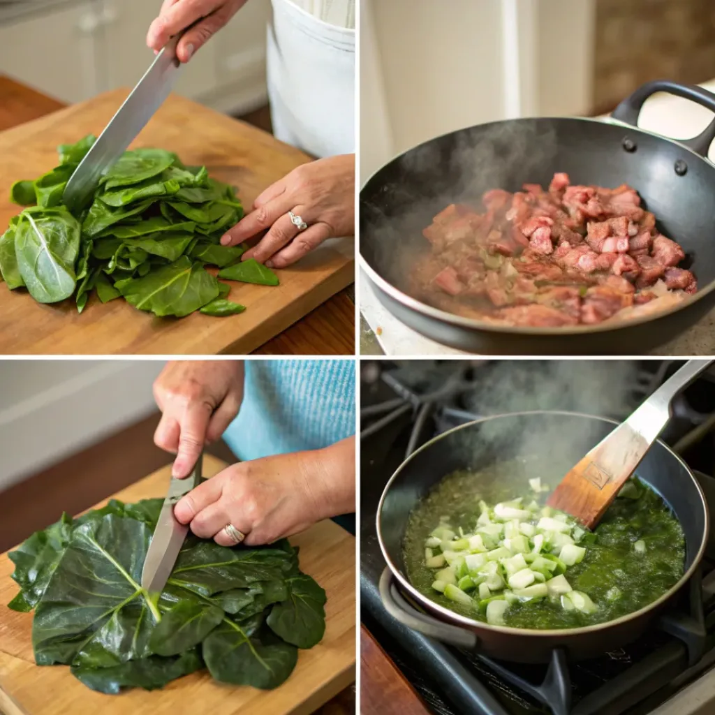 Collage showing steps for cooking Southern Collard Greens