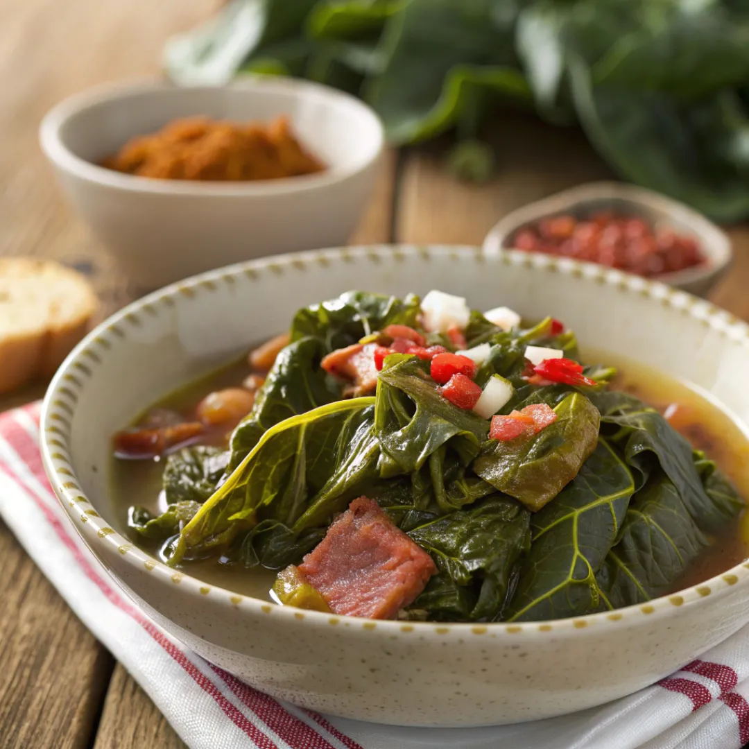 Bowl of Southern Collard Greens cooked with smoked meat