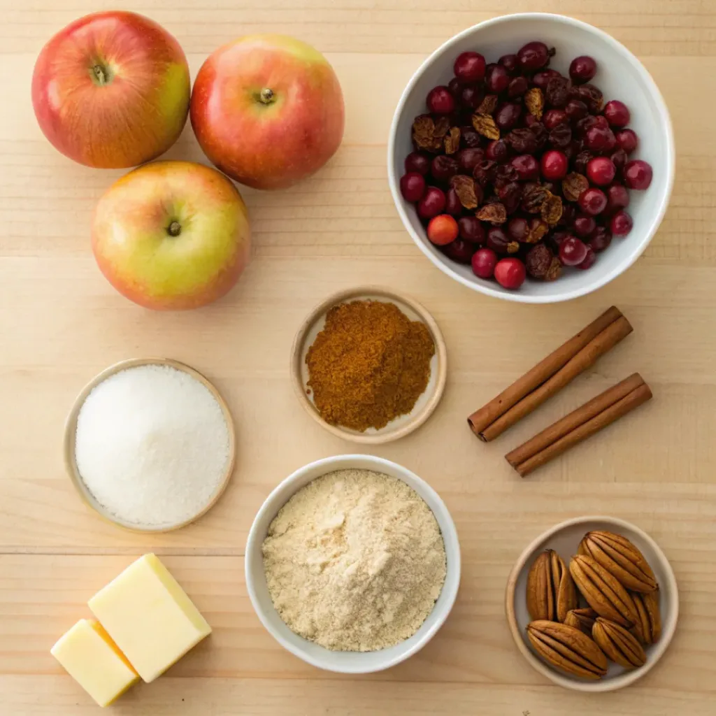 Flat lay of apples, cranberries, spices, pecans, and crumble ingredients