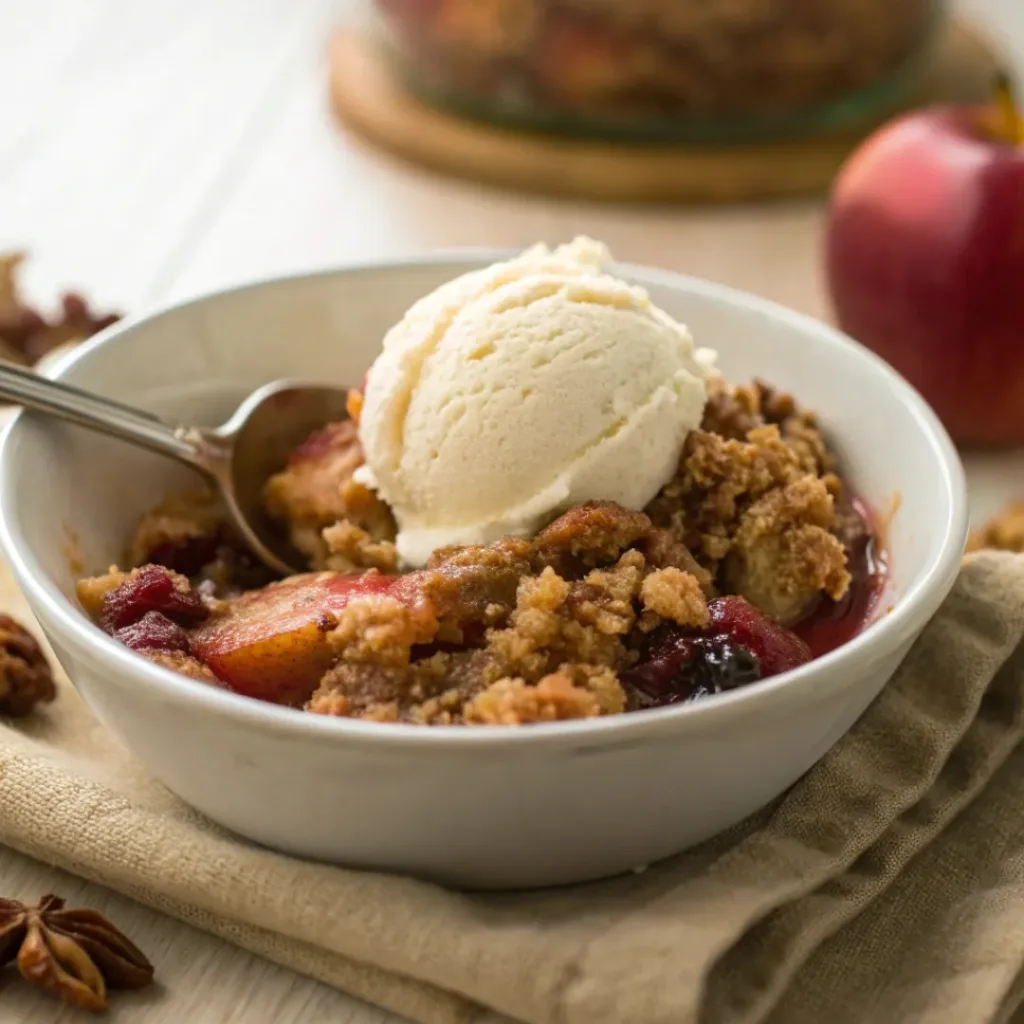 Bowl of spiced cranberry apple crumble with pecan topping and vanilla ice cream