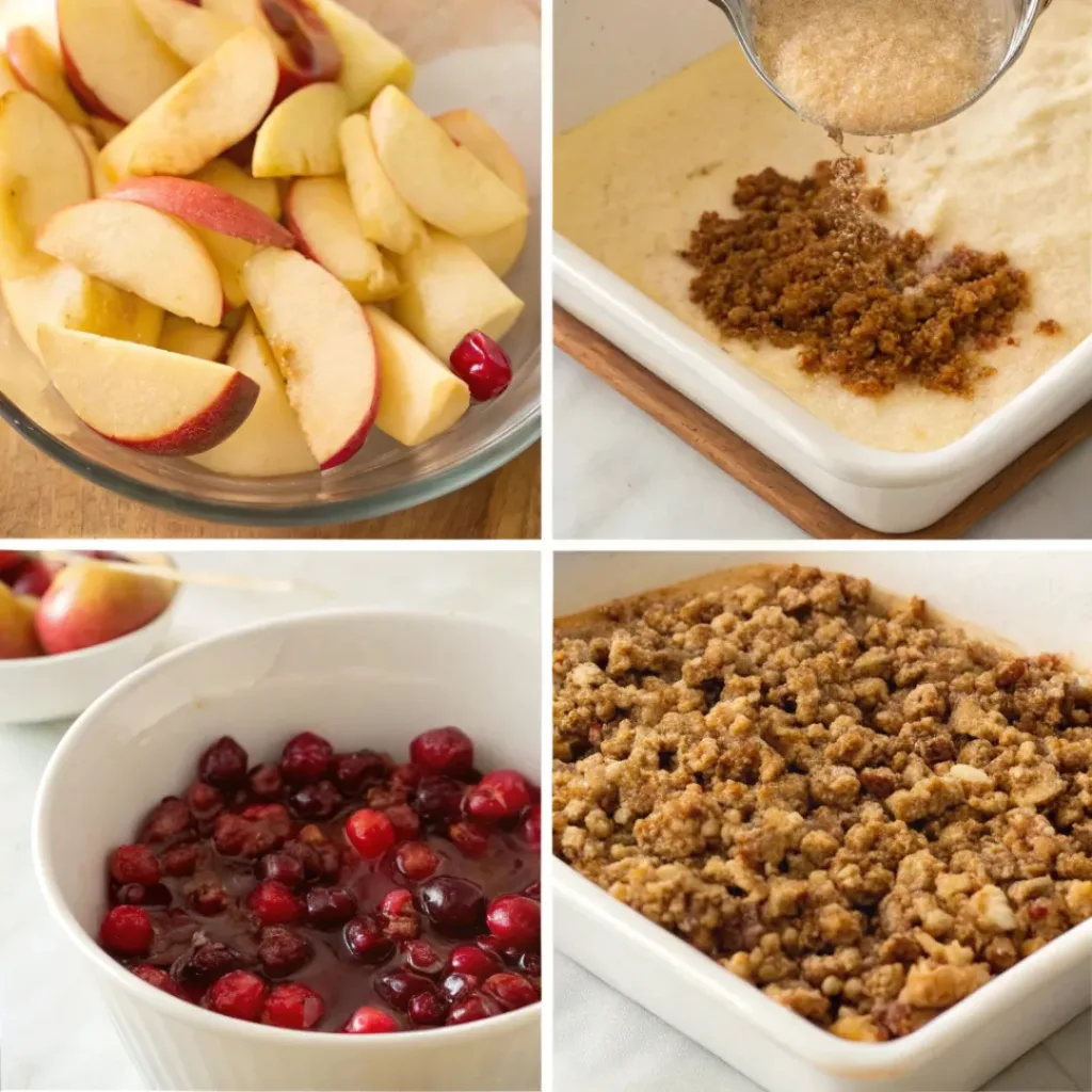 Step-by-step collage showing preparation of cranberry apple crumble with pecans