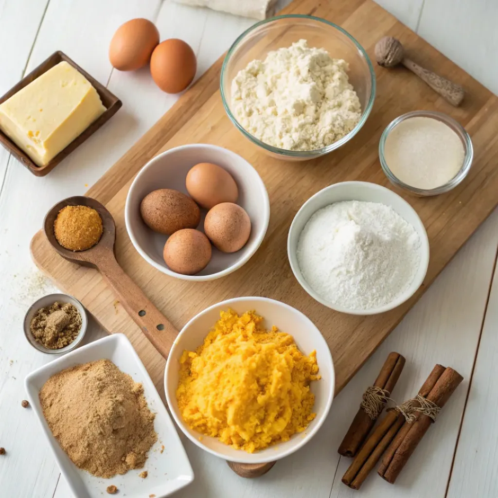 Overhead flat lay of ingredients for spiced swede cake