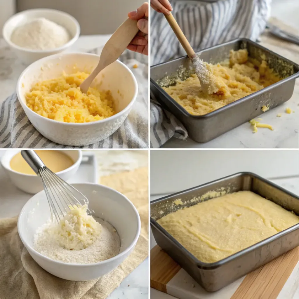 Step-by-step collage showing preparation of spiced swede cake