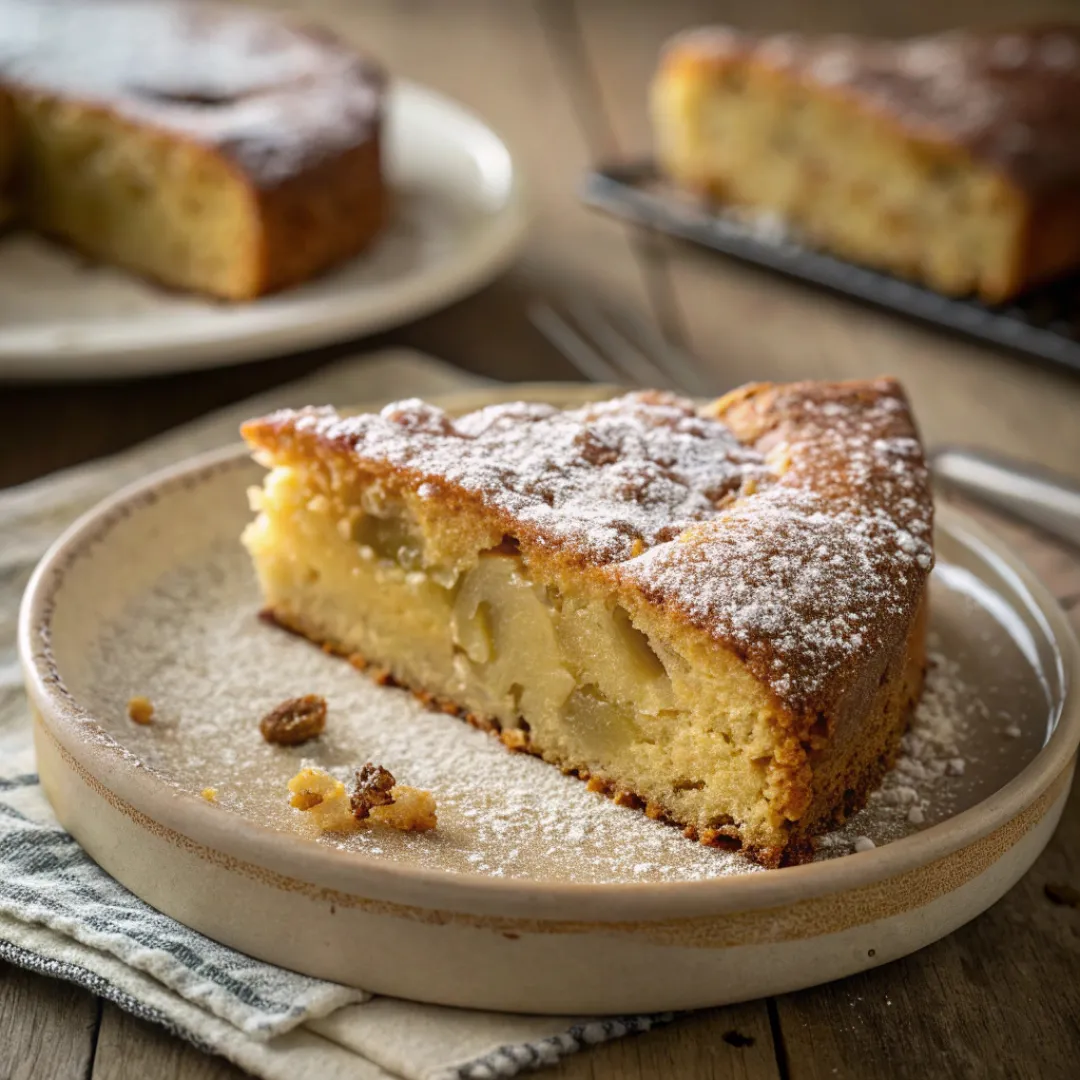 Slice of spiced swede cake on a rustic plate