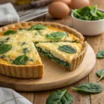 Golden baked spinach quiche with melted cheese and flaky crust