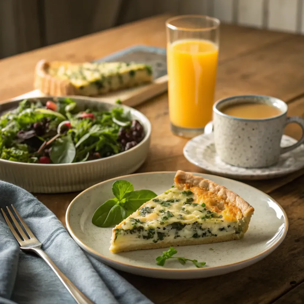 Slice of cheesy spinach quiche served with salad and coffee