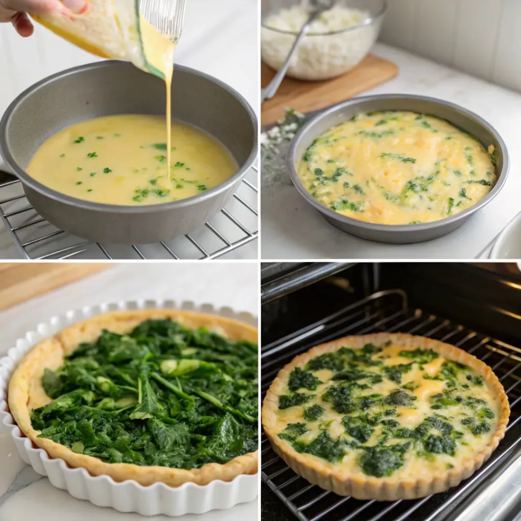 Step-by-step collage of making cheesy spinach quiche