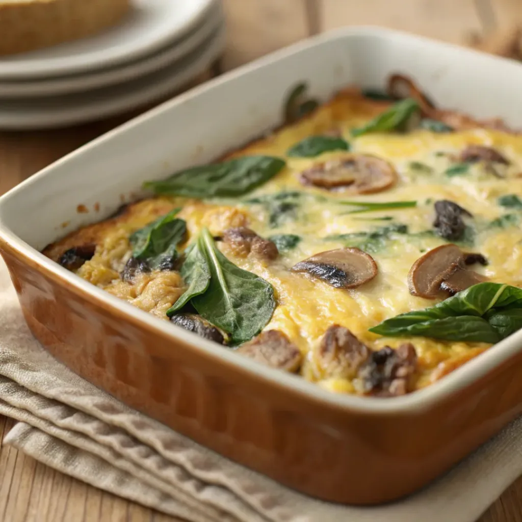 Spinach and mushroom egg casserole with melted cheese and golden top
