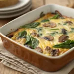 Spinach and mushroom egg casserole with melted cheese and golden top