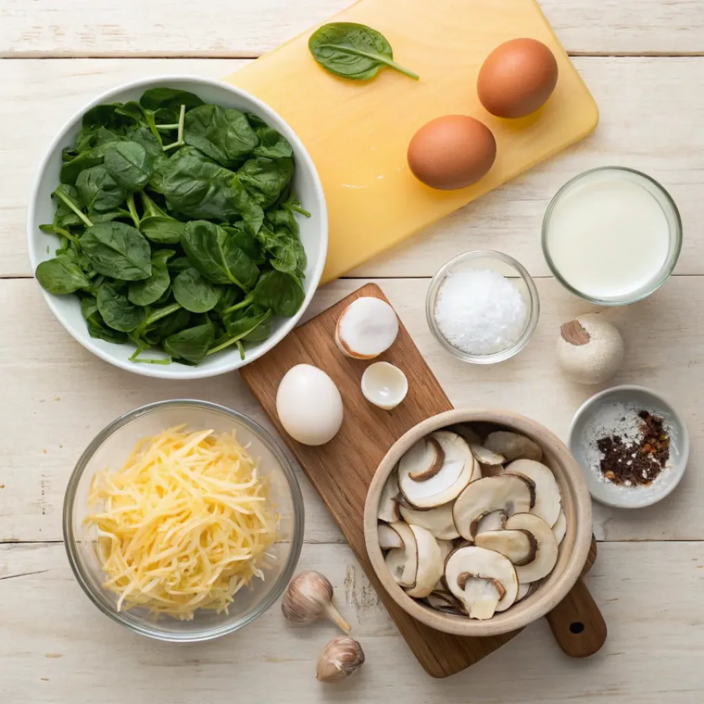 Flat lay of fresh spinach, mushrooms, eggs, cheese, and seasonings for egg casserole
