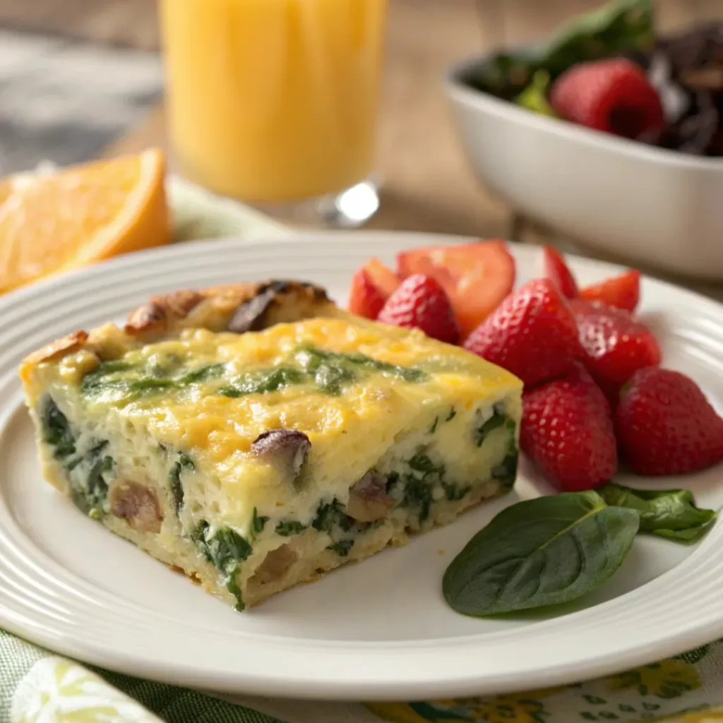 Slice of spinach and mushroom egg casserole with melted cheese and vegetables